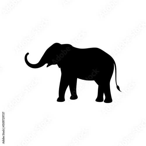 Black Silhouette Of a Side View Elephant Walking with Trunk Up vector illustration