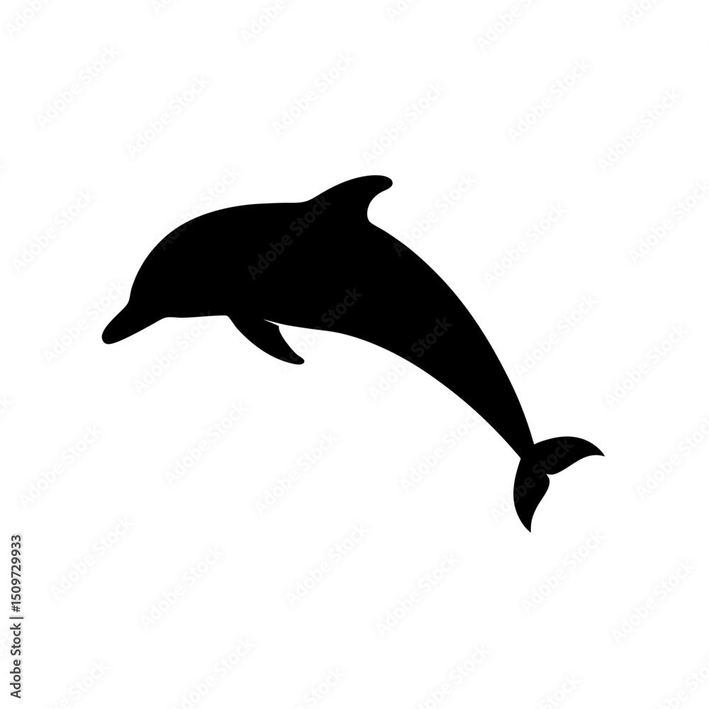 Fototapeta premium Black Silhouette Of a Side View Dolphin Leaping on White Background vector illustration