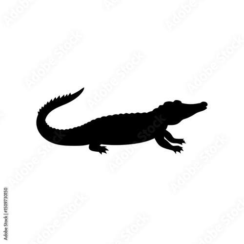 Black Silhouette Of a Side View Crocodile Basking in Sunlight vector illustration