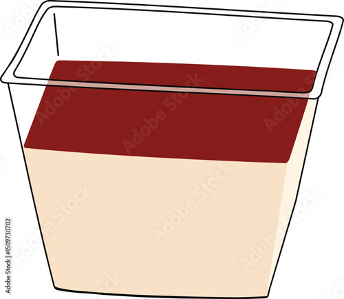 Caramel Pudding in Cup - Vector illustration of a caramel pudding or flan served in a transparent plastic cup. The dessert features a creamy beige pudding base topped with a rich caramel layer.