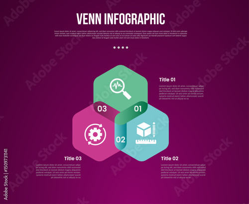 venn diagram infographic with hexagon pyramid triangle structure with 3 point dark background style for slide presentation