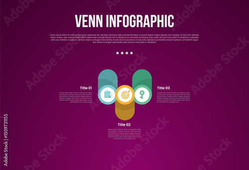 venn diagram infographic with circle edge with round rectangle up and down with 3 point dark background style for slide presentation