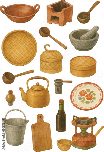 Pastel Traditional Indonesian Kitchen Set hand drawn watercolour clipart with isolated white background