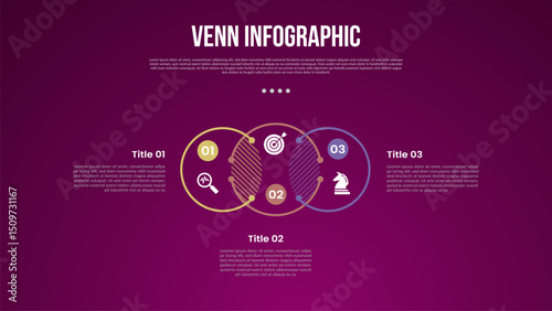 venn diagram infographic with outline circle chained connection with 3 point dark background style for slide presentation
