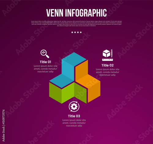 venn diagram infographic with 3d folding paper shape on triangle structure with 3 point dark background style for slide presentation