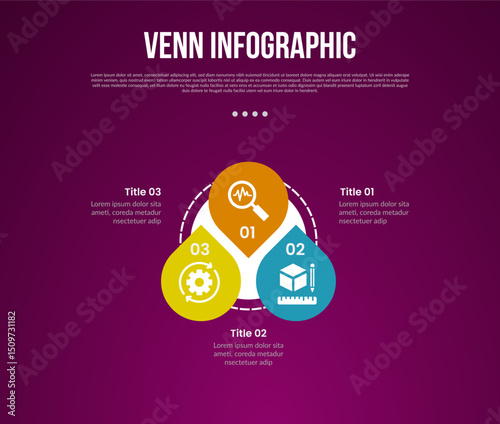 venn diagram infographic with pin location on outline circle along with 3 point dark background style for slide presentation