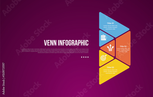venn diagram infographic with big arrow shape right direction with 3 point dark background style for slide presentation