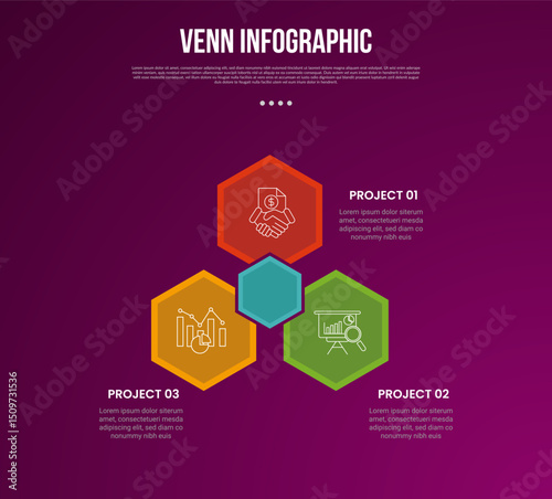 venn diagram infographic with hexagon structure on triangle edge with pyramid structure with 3 point dark background style for slide presentation