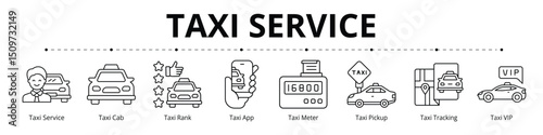 Taxi Service Line Banner Web Icon Set Vector Illustration, Taxi Service Cab VIP Meter Tracking Rank App Pickup 