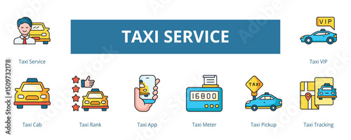 Taxi Service Lineal Color Banner Web Icon Set Vector Illustration, Taxi Service Cab VIP Meter Tracking Rank App Pickup 
