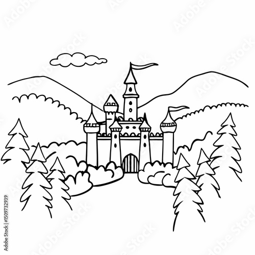 Cartoon vector illustration of a medieval fantasy castle on a hill with a sky landscape