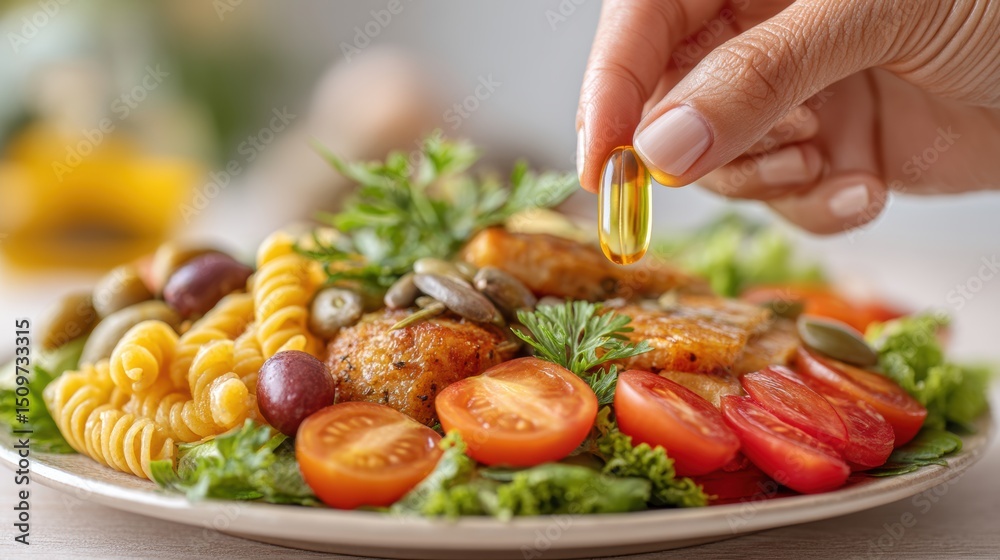 Hand placing supplement capsule on plate of nutritious food to enhance metabolism and nutrition closeup view Hand placing supplement capsule on plate of nutritious food to enhance metabolism and nutrition closeup view