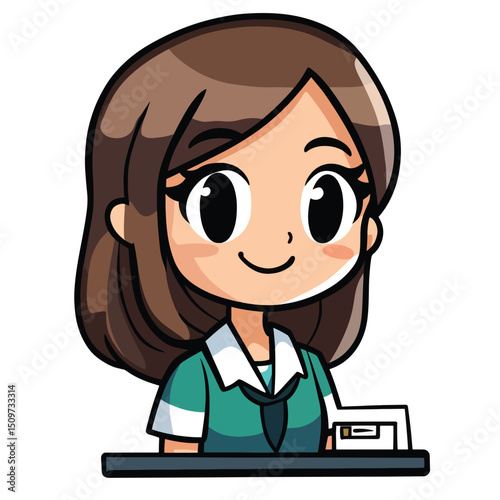 Cheerful Anime Girl Cashier with Large Eyes and Teal Uniform