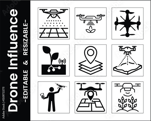 Agricultural Drone Technology Icon Set For Smart Farming And Crop Management
