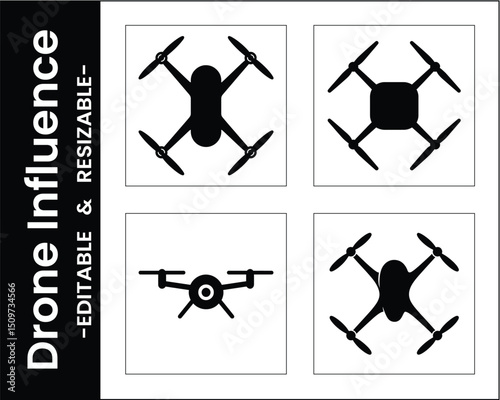 Collection Of Drone Icons Featuring Different Designs In Black And White Style