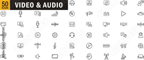 Video and audio editable outline icon set. Microphone, music, speaker, podcast, broadcast and more.