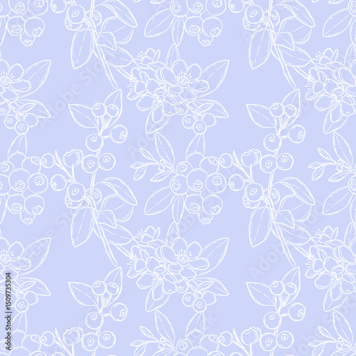 Delicate pattern featuring hand drawn blueberries and flowers on soft blue background, creating serene and charming atmosphere