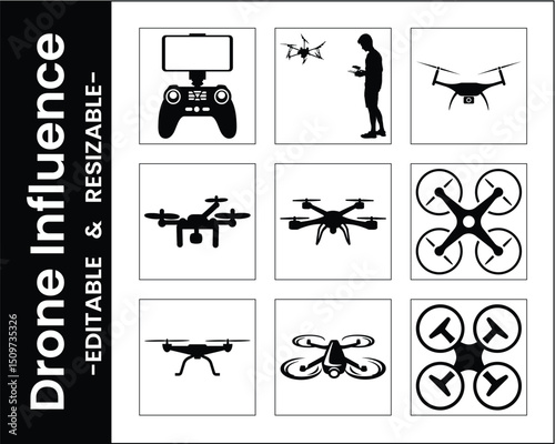 Drone Vector Icon Set Black Silhouette On White Background Editable And Resizable