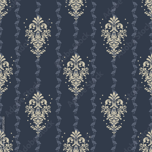 Elegant damask pattern featuring intricate floral designs on deep navy background, creating sophisticated and timeless aesthetic