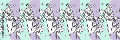 Delightful ice cream cones adorned with blueberries and floral elements create whimsical pattern, perfect for summer vibes