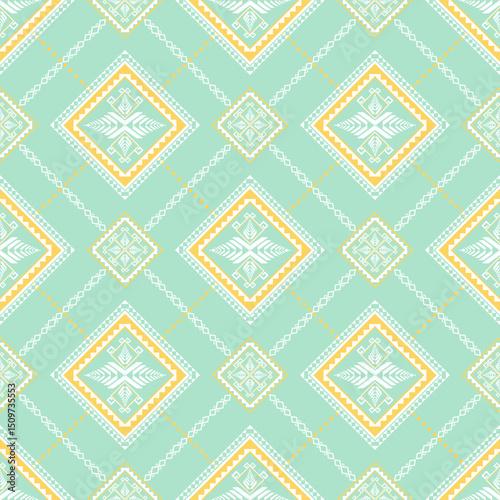 Ethnic pattern design featuring geometric shapes in mint green background, creating vibrant and harmonious visual appeal