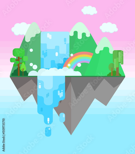 Vibrant landscape featuring waterfall cascading from green mountains, surrounded by trees and rainbow under pink sky