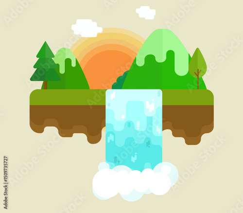 Vibrant landscape featuring waterfall cascading down, surrounded by lush green mountains and trees, with warm sunset in background