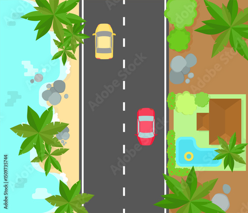 Aerial view of coastal road with two cars, surrounded by palm trees, beach, and house with pool, creating vibrant tropical scene