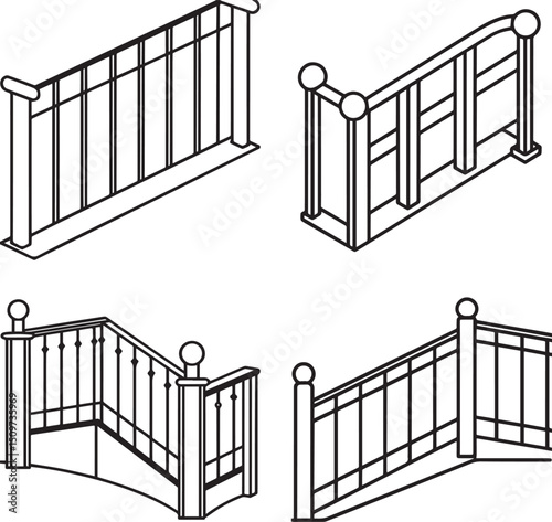 Set of Balcony railing outline vector illustration line art	