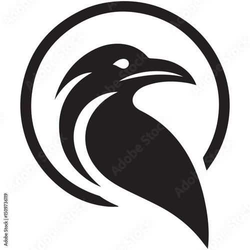 A black raven in a circle head in profile with stylized feathers against a white background