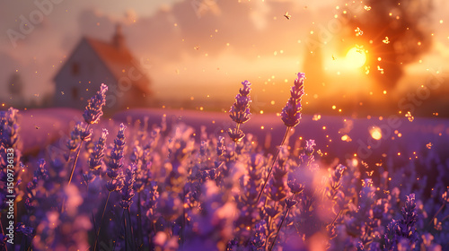 Lavender field at sunset with a house in the background.