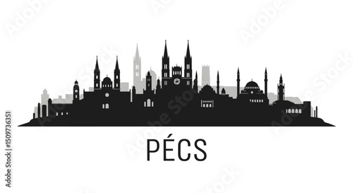 Pecs Hungary Skyline Silhouette with Cityscape.