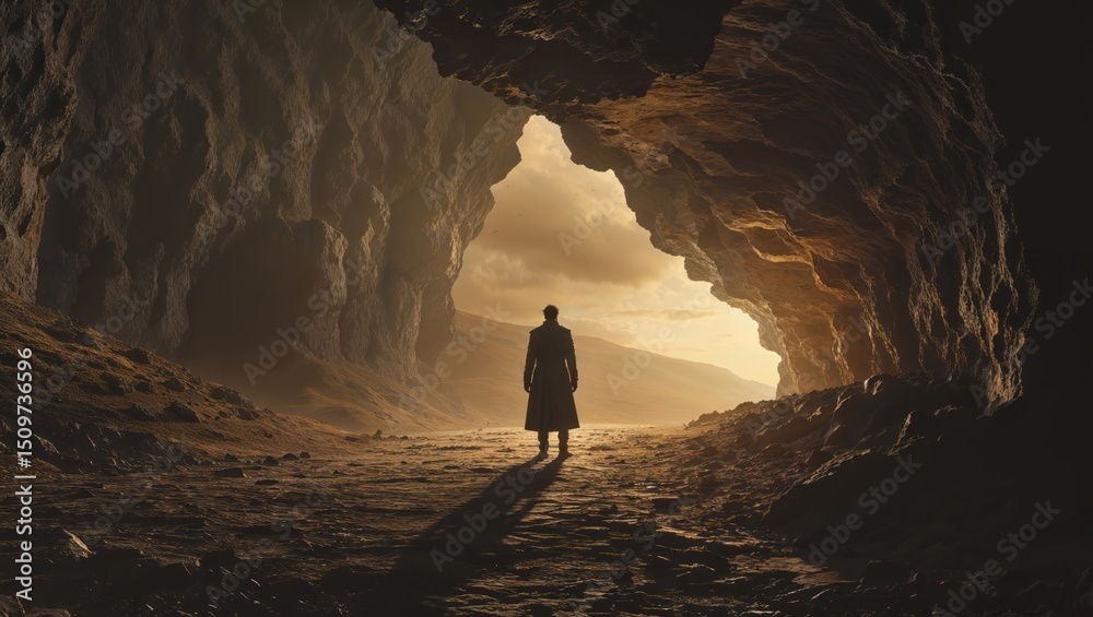 Fototapeta premium Explorer standing at the entrance of an ancient cave, the darkness beyond filled with the promise of discovery