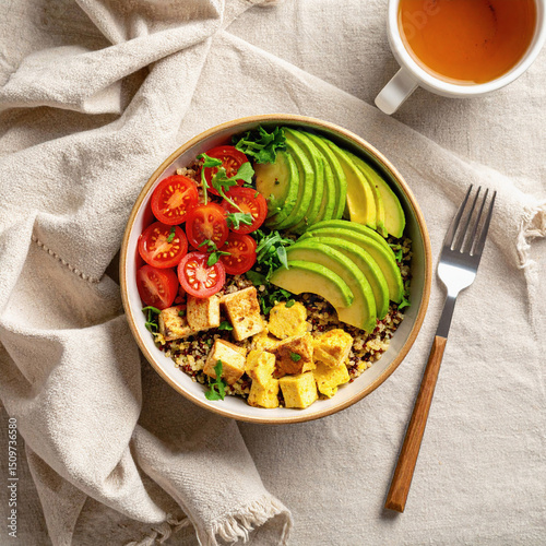 Savory Vegan Breakfast Bowl with Scrambled Tofu and Avocado, Cozy Overhead Flat Lay