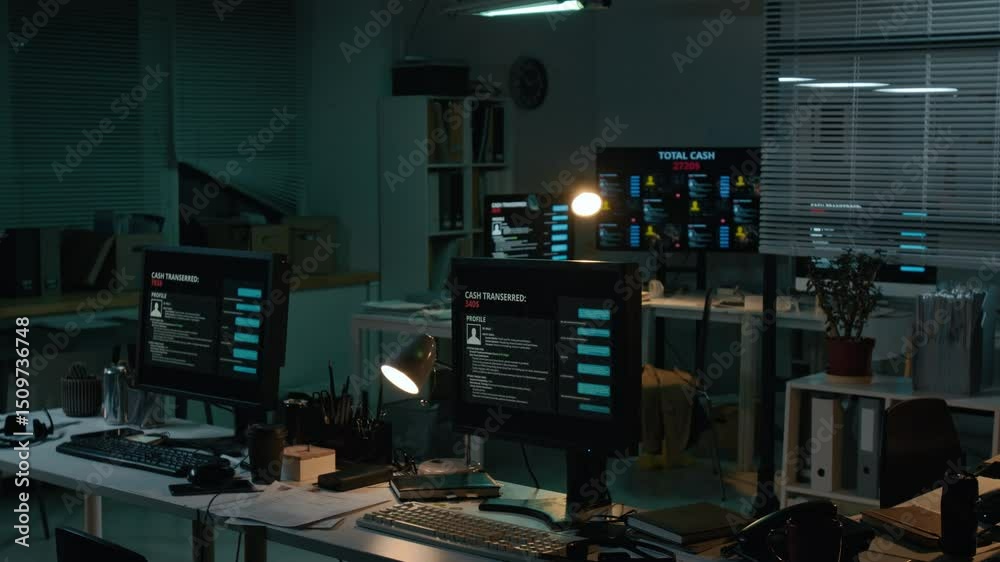 custom made wallpaper toronto digitalFull no people shot of computer screens on desks in dark scam call center at nighttime, with personal profiles on victims, chat messages, bank transfers and stolen cash counters