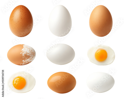 Brown and White Eggs Collection: Whole and Halved with Visible Yolks, PNG