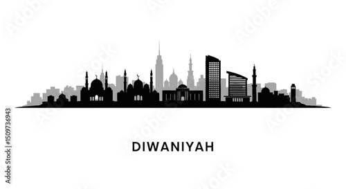 Diwaniyah Skyline with Iraq Black Silhouette Cityscape.