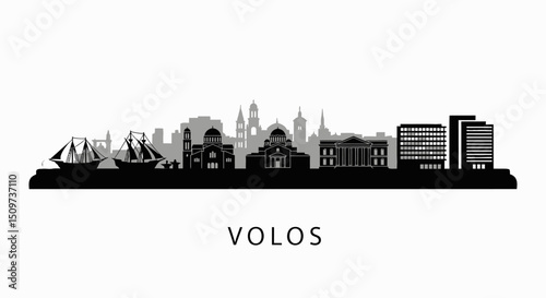 Volos skyline silhouette Black with white vector.
