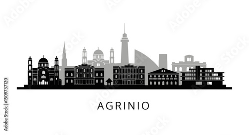 Agrinio skyline with Greece, and vector silhouette.