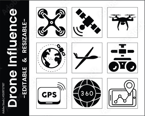 Black And White Icons Representing Drone Technology And Global Connectivity Concept