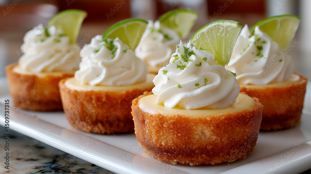 Mini key lime pies displayed on white plate, garnished with lime zest and wedges Mini key lime pies displayed on white plate, garnished with lime zest and wedges