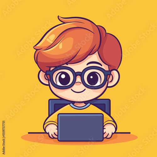 Cheerful Boy with Glasses Using Laptop (4)