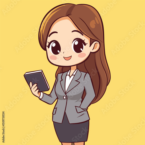 Cheerful Businesswoman with Large Eyes Holding a Notebook