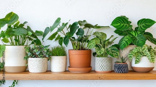 Various houseplants in decorative pots arranged on a shelf.