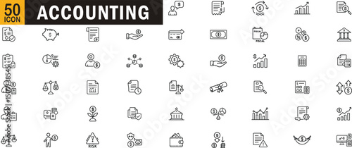 Accounting outline icon set. Finance, bookkeeping, tax, audit, ledger, financial report and more.