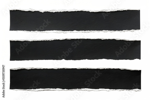 Three Black Ripped Paper Strips Isolated on White Background Perfect for Design Elements