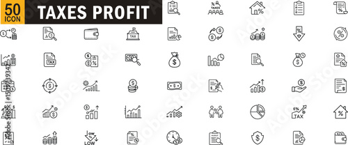 Taxes and Profit outline icon set. Income tax, revenue, financial report, audit, money growth and more.
