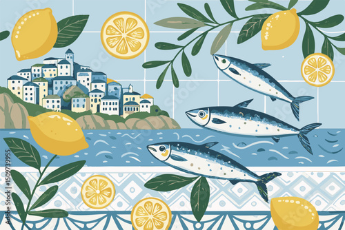 Mediterranean Lemons and Fish Illustration
