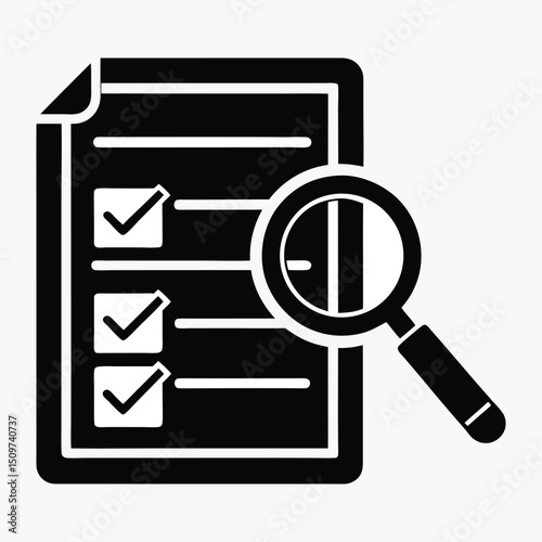 Document with magnifying glass over checkbox white graphics isolated on white background