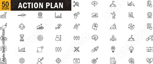 Action Plan outline icon set. Strategy, goal setting, planning, performance tracking, task management, productivity and more.